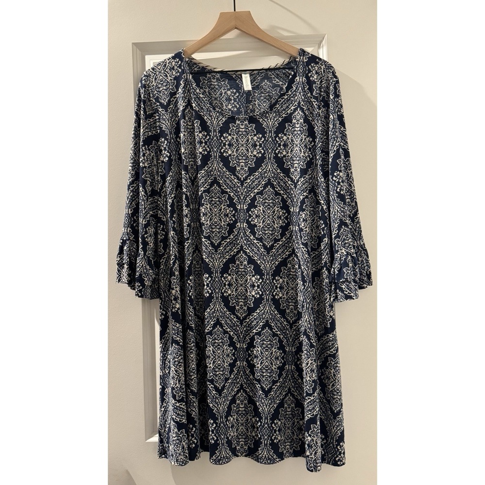 Boho Blu USA XL Navy Ivory Medallion Tunic Dress Bell Sleeve Stretch Boho